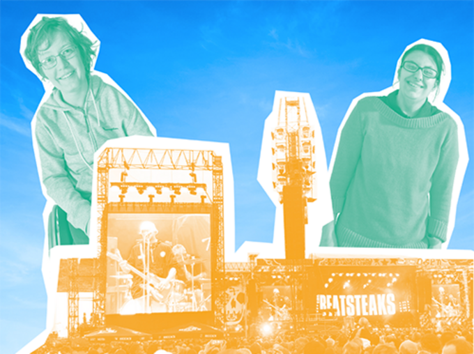 Bildcollage aus einem Rockkonzert und zwei Frauen im Hintergrund