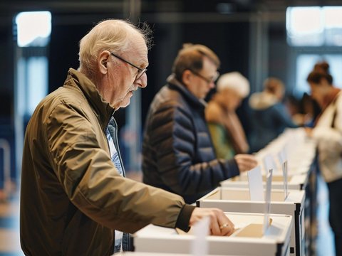 Menschen stecken Wahlzettel in Wahlurne.