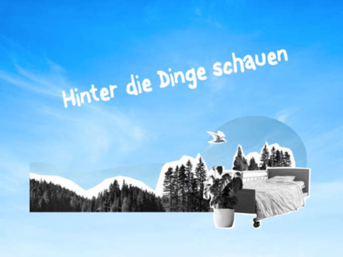 Bildcollage aus Waldlandschaft, Pflegebett und Topfpflanze
