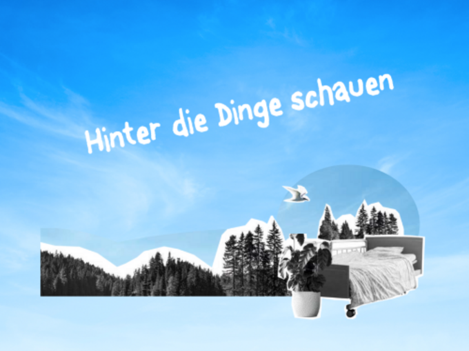 Bildcollage aus Waldlandschaft, Pflegebett und Topfpflanze