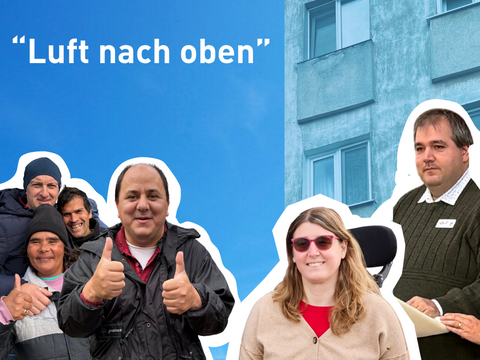 Menschen vor einem Hochhaus.