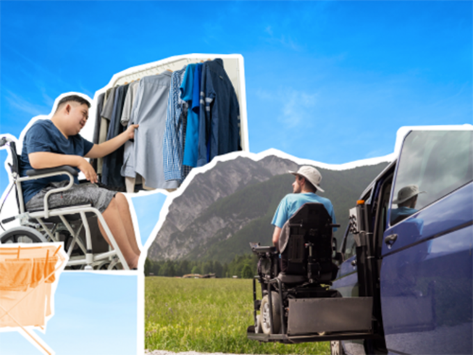Titelbild von links nach rechts: Mann im Rollstuhl nimmt ein Hemd von einer Kleiderstang, davor: Wäscheständer mit Wäsche und ein Mann im Rollstuhl mit Behindertentransporter auf einer Alm vor einem Bergpanorama.