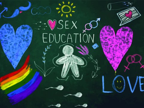 Gemaltes Bild mit Symbolen zu Gefühlen und (männlicher) Sexualität