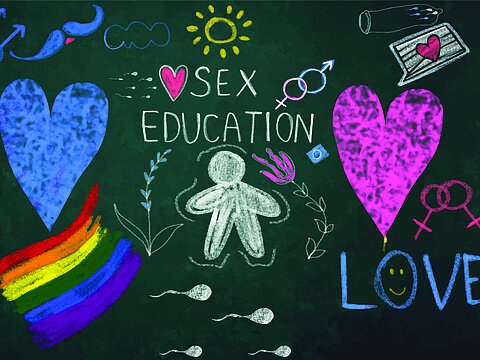 Gemaltes Bild mit Symbolen zu Gefühlen und (männlicher) Sexualität