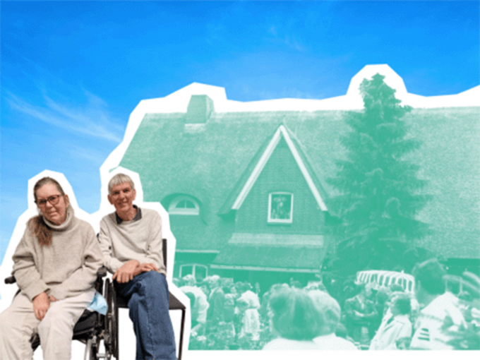 Artikelbild zum Titelthema zeigt Ulrike Lührs im Rollstuhl, rechts neben ihr sitzend ihr Bruder Christian Lührs. Im Hintergrund: Einweihungsfest der Wohngruppe Fünfhausen.  