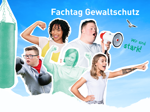 Headerbild zum Fachtag Gewaltschutz mit drei jungen Frauen und zwei jungen Männern. Der eine Mann boxt gegen einen Sandsack, der andere ruft in ein Megafon