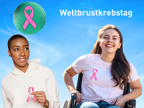 Header-Bild mit Überschrift "Weltbrustkrebstag". Links davon grüne Kugel mit rosa Schleife. Darunter: zwei jungen Frauen mit rosa Schleife auf den Shirts, davon eine der Frauen im Rollstuhl.