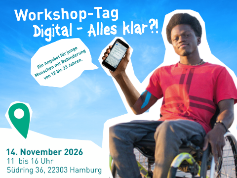 Titelbild Workshop Digital - alles klar? Junger Mann im Rollstuhl mit Smartphone