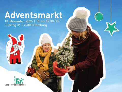 Einladungskarte für den Adventsmarkt: zwei winterlich gekleidete Frauen - neben Frau im Rollstuhl steht eine Frau und zeigt ein Weihnachtsbäumchen. Daneben: eine Weihnachtsmann-Illustration